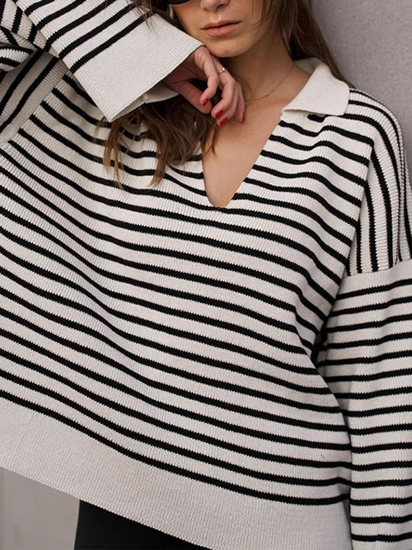 Long Sleeves Loose Split-Joint Striped Lapel Sweater Tops