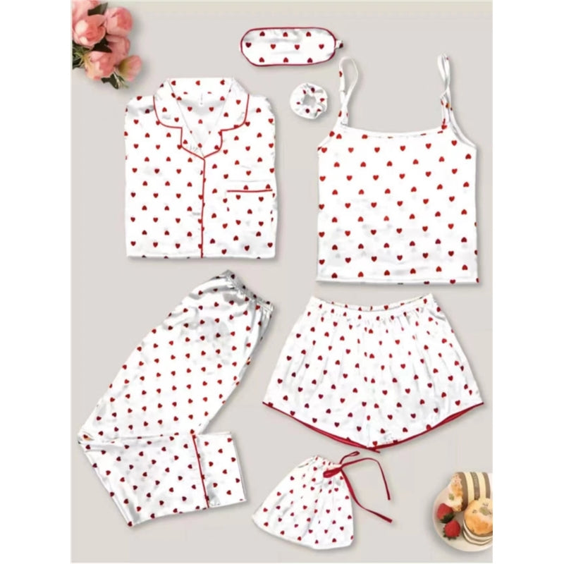 Women Simple Casual Stripe Printed Thin Pajamas Seven-Piece Set