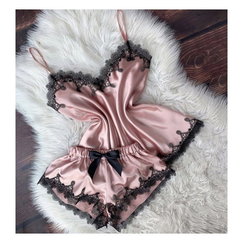 Sweet Women Sexy Loungewear Lace Satin Patchwork Pajamas Set