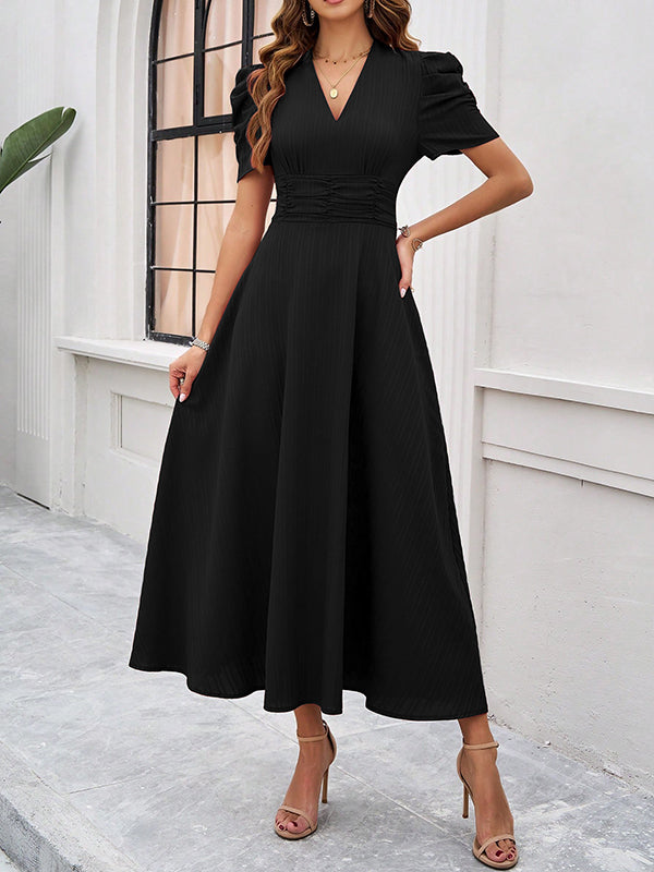 A-Line High Waisted Pleated Solid Color Zipper V-Neck Maxi Dresses