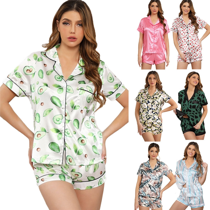 Women Fashion Print Short Sleeve Top And Shorts Pajamas Two-Piece Set