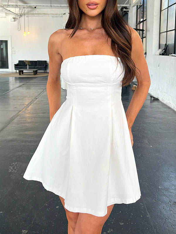 A-Line Loose Backless Pleated Solid Color Split-Joint Tied Tube Mini Dresses