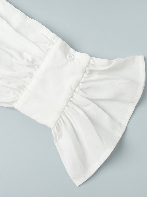 Loose Puff Sleeves Pleated Solid Color Split-Joint Lapel Blouses&Shirts Tops