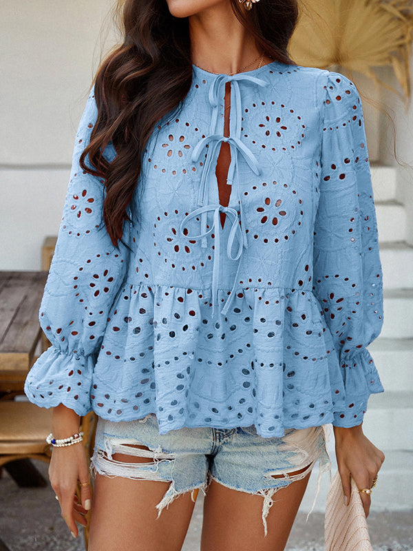 Long Sleeves Loose Elasticity Hollow Pleated Solid Color Tied Round-Neck Blouses&Shirts Tops