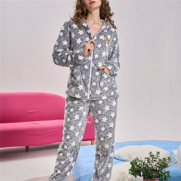 Women Fashion Casual Autumn And Winter Fleece Star Printed Zipper Long Sleeve Hoodies Loose Pants Pajamas Two-Piece Set