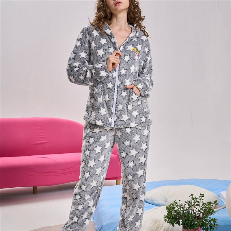 Women Fashion Casual Autumn And Winter Fleece Star Printed Zipper Long Sleeve Hoodies Loose Pants Pajamas Two-Piece Set