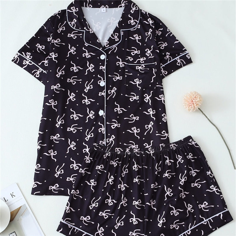 Women Fashion Casual Bowknot Printed Lapel Short Sleeve Top Loose Shorts Pajamas Set