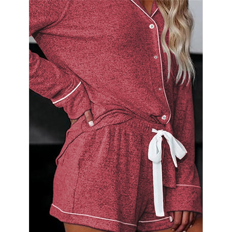 Women Fashion Casual Lapel Long Sleeve Pocket Top Drawstring Shorts Pajamas Two-Piece Set