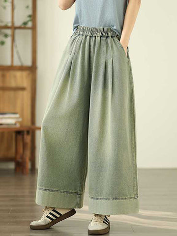 Loose Wide Leg Elasticity Pleated Pockets Jean Pants Bottoms Trousers