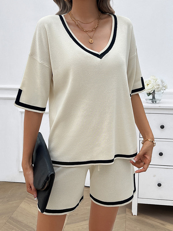 Half Sleeves Loose Contrast Color V-Neck T-Shirt Top + Shorts Bottom Sweater Two Pieces Set