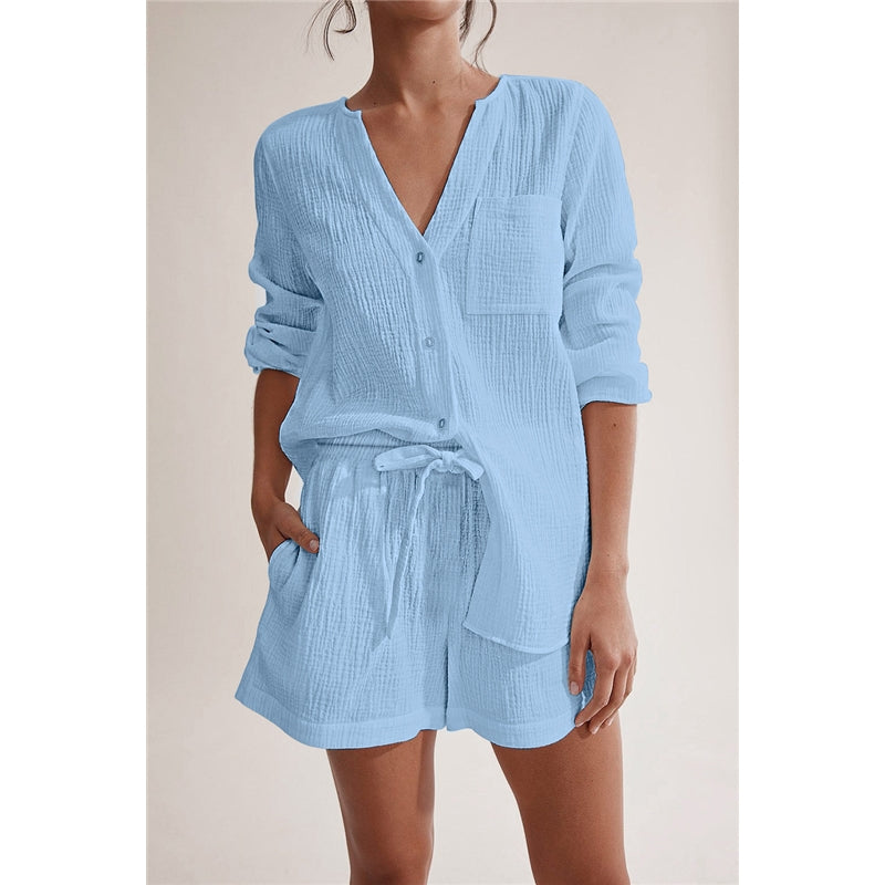Women Casual Solid Color Double Gauze Cotton Long Sleeve Shorts Pajamas Set