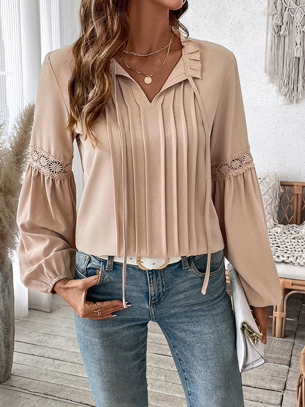 Long Sleeves Loose Pleated Solid Color Split-Joint V-Neck Blouses&Shirts Tops