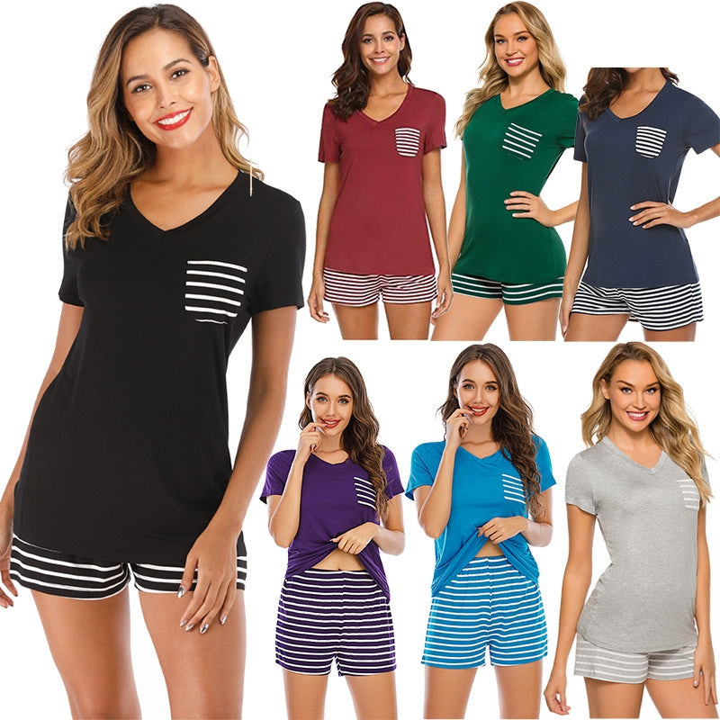 Women Casual Short-Sleeved Top And Stripe Shorts Pajamas Two-Piece Set
