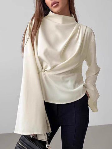 Flared Sleeves Long Sleeves Pleated Solid Color Zipper Stand Collar Blouses&Shirts Tops