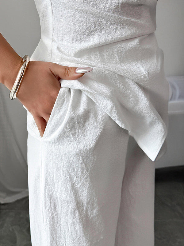 Short Sleeves Buttoned Solid Color Tied Lapel T-Shirt Top + Pockets Pants Bottom Two Pieces Set