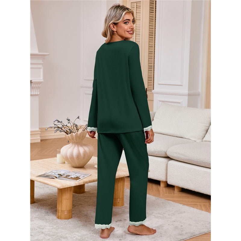 Women Fashion Casual Solid Color Long-Sleeve Cardigan Loose Pants Pajamas Two-Piece Set