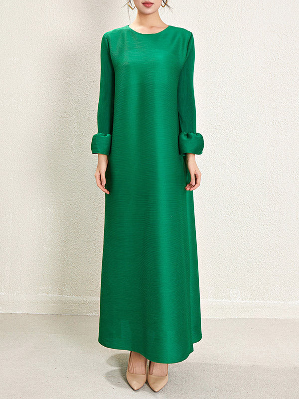 A-Line Loose Pleated Solid Color Round-Neck Maxi Dresses