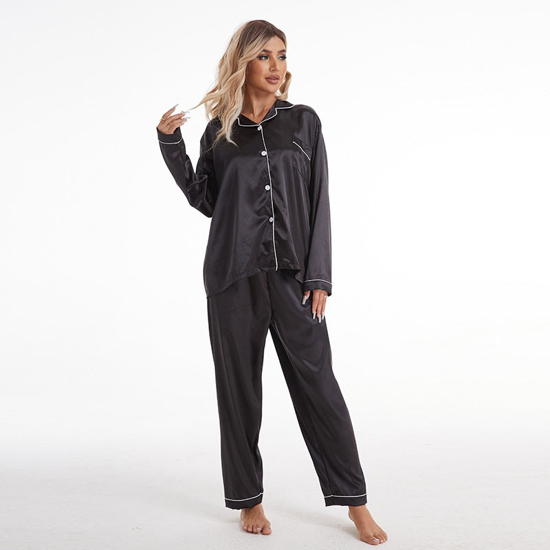 Women Simple Casual Lapel Ice Silk Long-Sleeved Pajamas Set