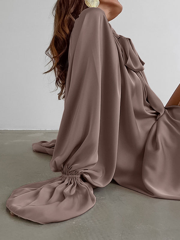 A-Line Flared Sleeves Buttoned Elasticity Pleated Solid Color Tied Zipper Stand Collar Mini Dresses