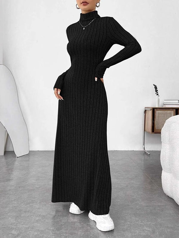 Long Sleeves Pleated Solid Color Split-Joint High Neck Maxi Dresses