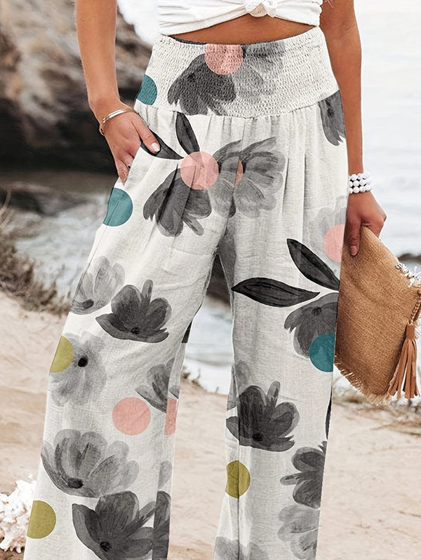 High Waisted Loose Elasticity Flower Print Pleated Pockets Pants Trousers