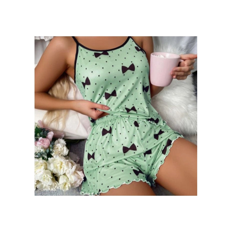Women Fashion Sexy Love Printed Camisole Loose Shorts Pajamas Two-Piece Set