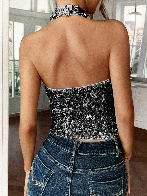 Skinny Sleeveless Backless Sequined Shiny Halter-Neck Tank Top