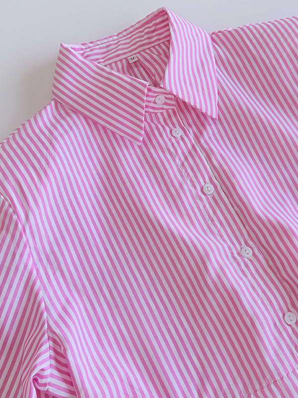 Long Sleeves Loose Asymmetric Split-Joint Striped Lapel Blouses