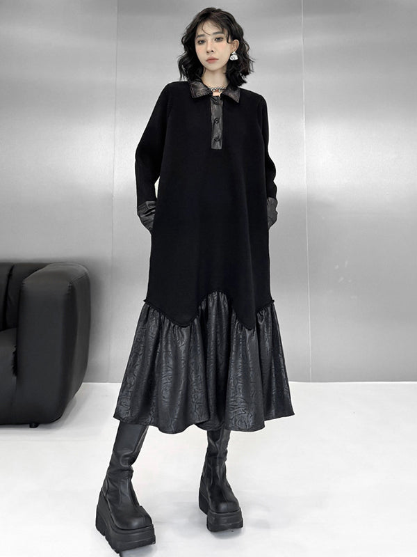 A-Line Long Sleeves Buttoned Split-Joint Polo Midi Dresses Sweater Dresses