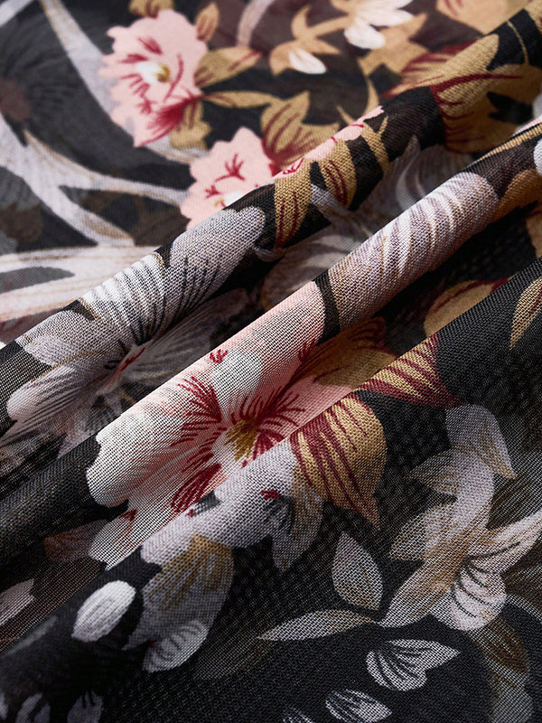 Batwing Sleeves Half Sleeves Flower Print See-Through Round-Neck Blouses&Shirts Tops Cover-Ups Tops