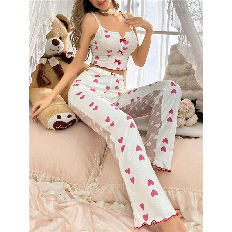 Women Casual Printed Camisole Top Mesh Pants Pajamas Two-Piece Set