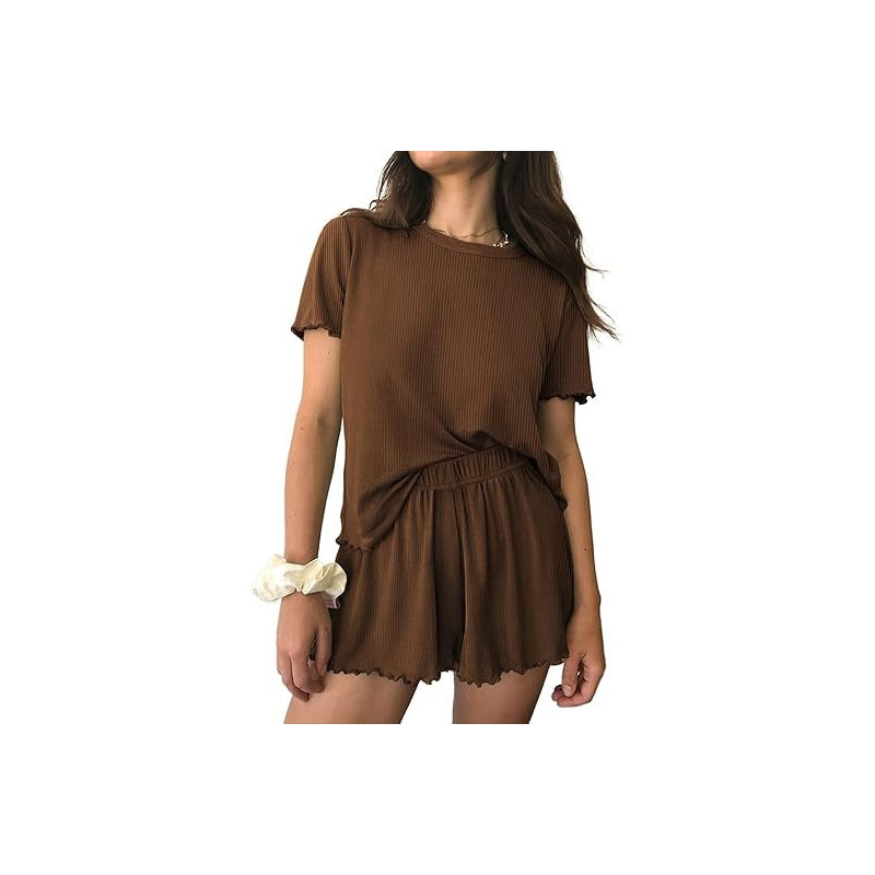 Women Casual Solid Color Rib Knitted Wave Edge Short Sleeve Top Loose Shorts Pajamas Two-Piece Set
