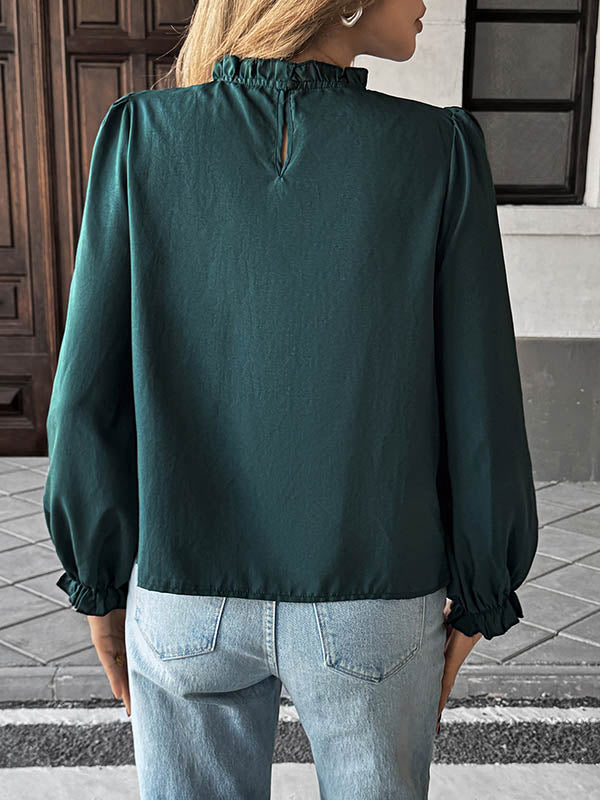 Long Sleeves Loose Elasticity Pleated Ruffle Trim Solid Color Mock Neck Blouses&Shirts Tops
