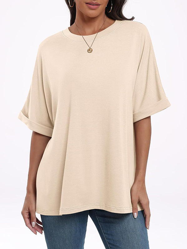 Raglan Sleeve Solid Color Split-Joint Round-Neck T-Shirts
