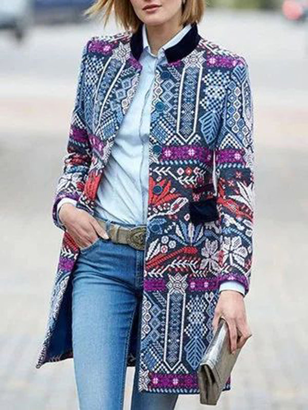 Long Sleeves Buttoned Contrast Color Printed Stand Collar Outerwear