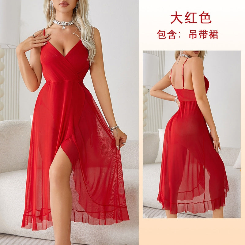 Women Fashion Sexy Deep V Backless Mesh Perspective Sling Sexy Pajamas