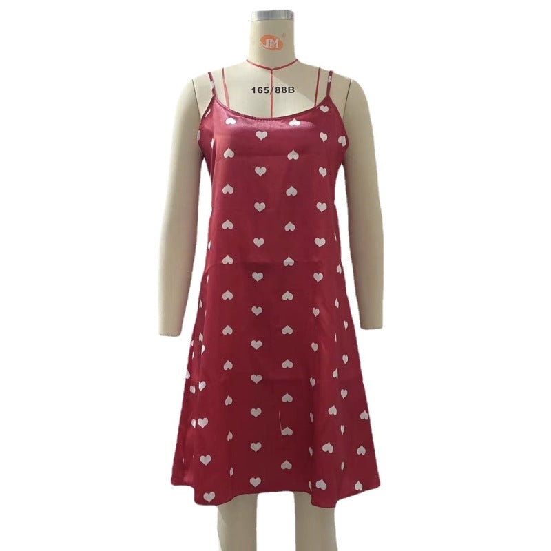 Women Heart Print Satin Slip Dress Pajamas