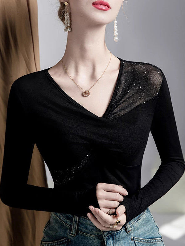 Irregularity Long Sleeves Mesh Slightly Sheer Split-Joint V-Neck T-Shirts