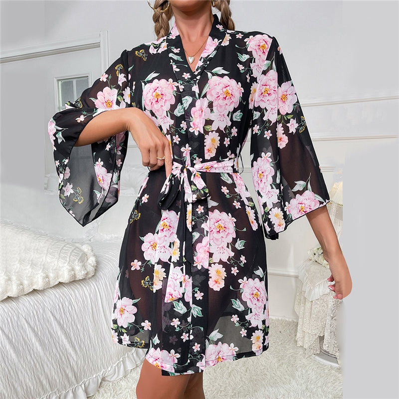 Women Fashion Floral Printed Long Sleeve Chiffon Pajamas