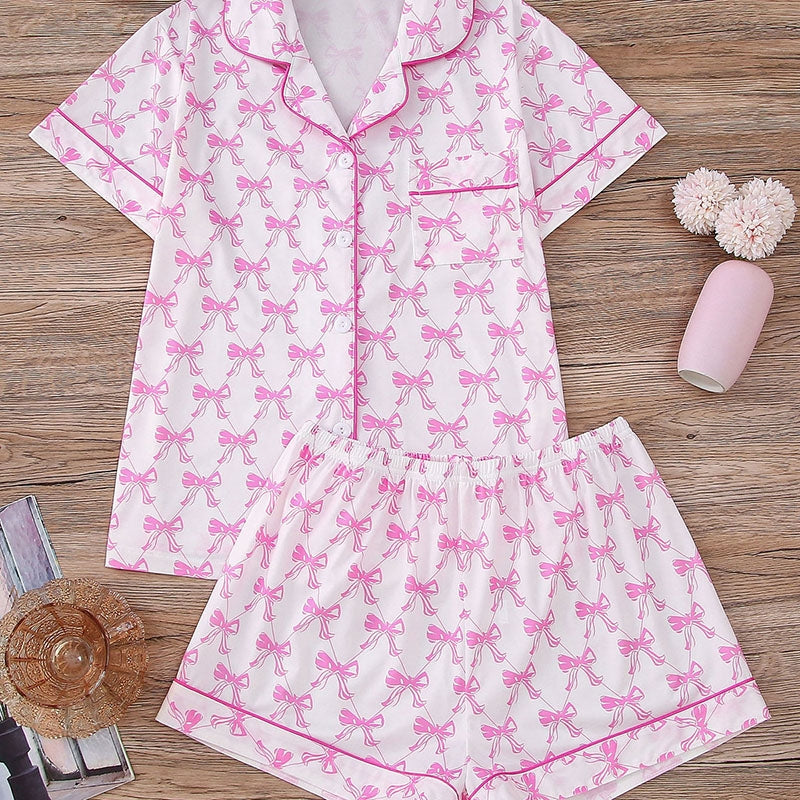 Women Pink Bow Print Lapel Short Sleeve Shorts Pajamas