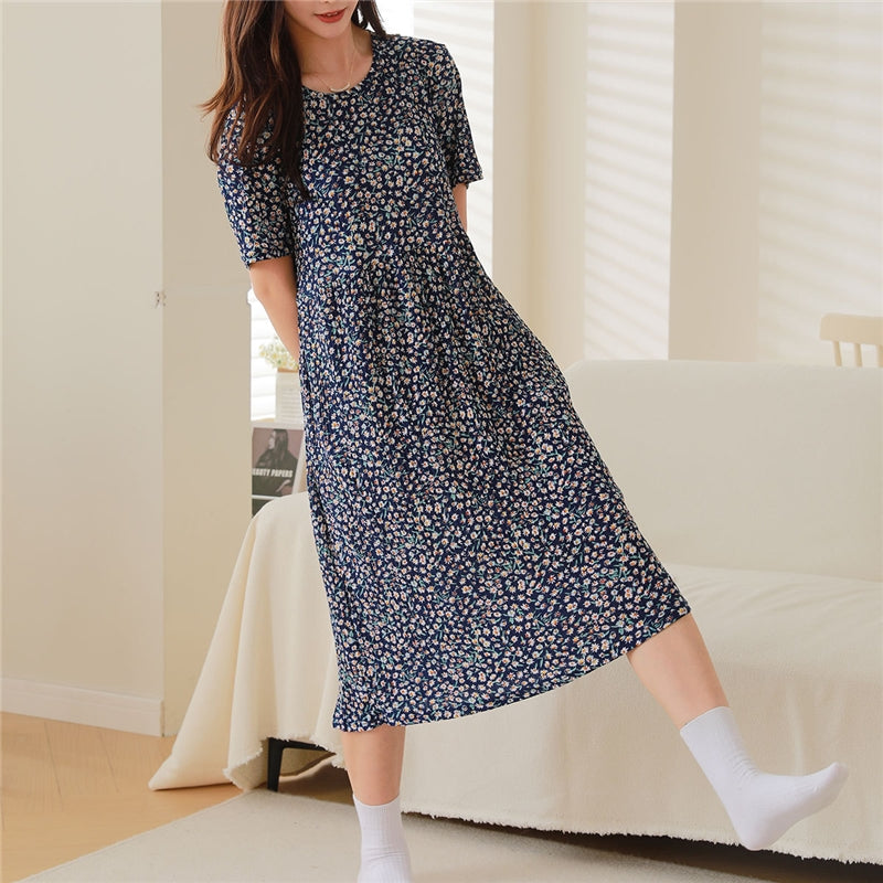 Women Fashion Casual Floral Printed Short Sleeve Loose Dress Pajamas