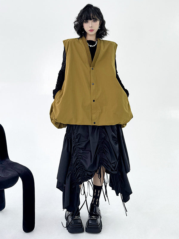 A-Line Hipster Buttoned Solid Color V-Neck Vest Top