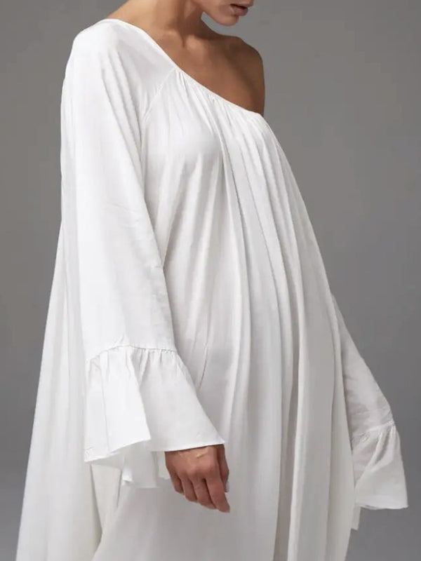 Flared Sleeves Loose Pleated Solid Color Split-Joint Round-Neck Maxi Dresses