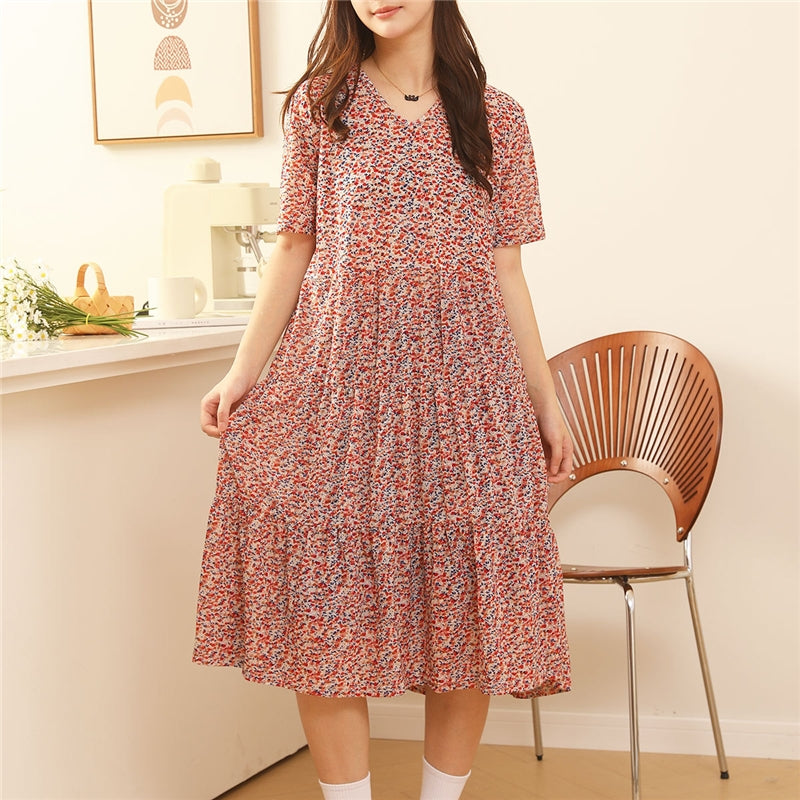 Women Fashion Casual Floral Printed Short Sleeve Loose Dress Pajamas