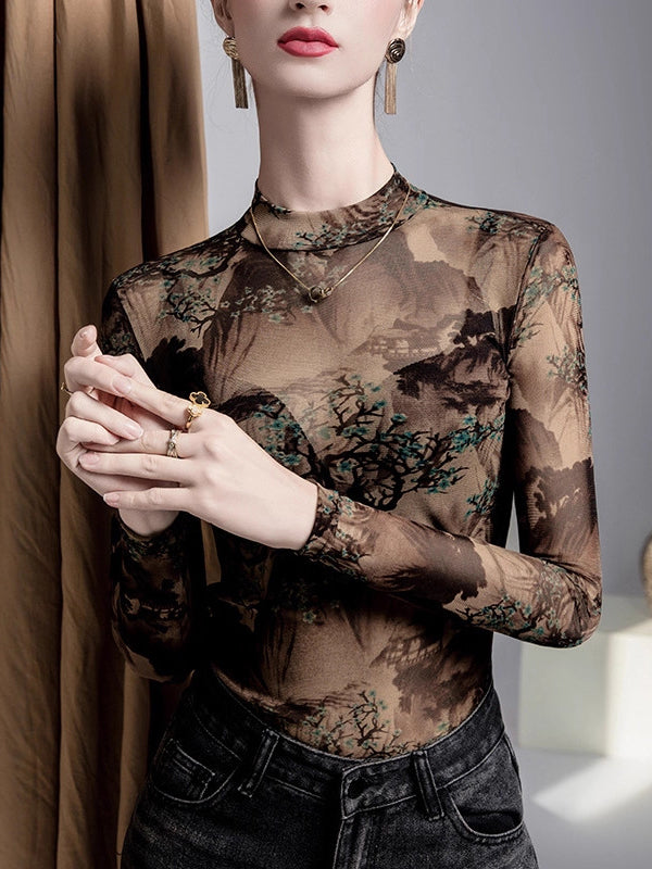 Long Sleeves Plus Size Asymmetric Mesh See-Through Split-Joint Round-Neck T-Shirts Tops