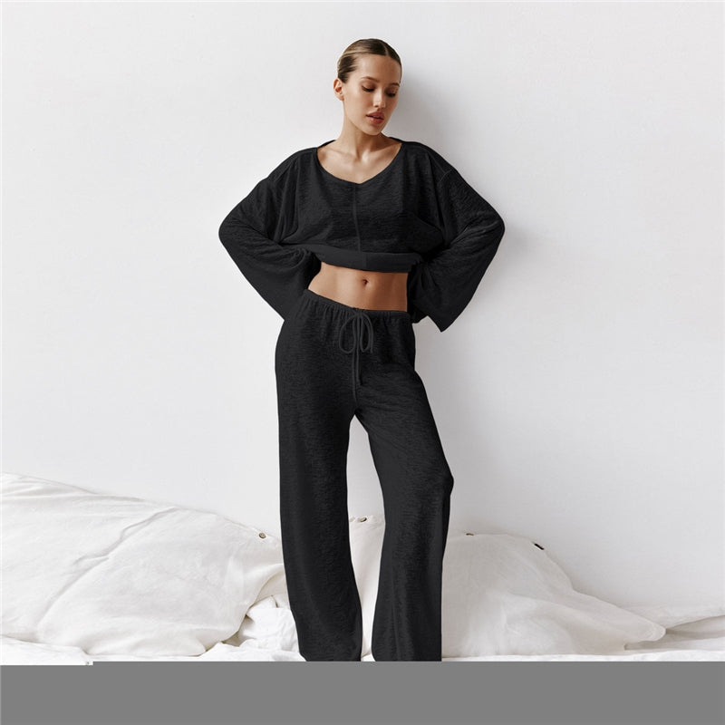 Women Fashion Casual Solid Color Knitted Long Sleeve Top Loose Pants Pajamas Two-Piece Set