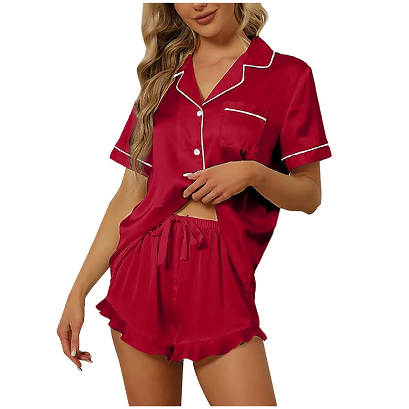 Women Fashion Casual Silk Satin Short-Sleeved V-Neck Top Ruffled Shorts Pajamas Two-Piece Set