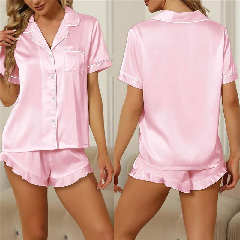 Women Fashion Casual Silk Satin Short-Sleeved V-Neck Top Ruffled Shorts Pajamas Two-Piece Set
