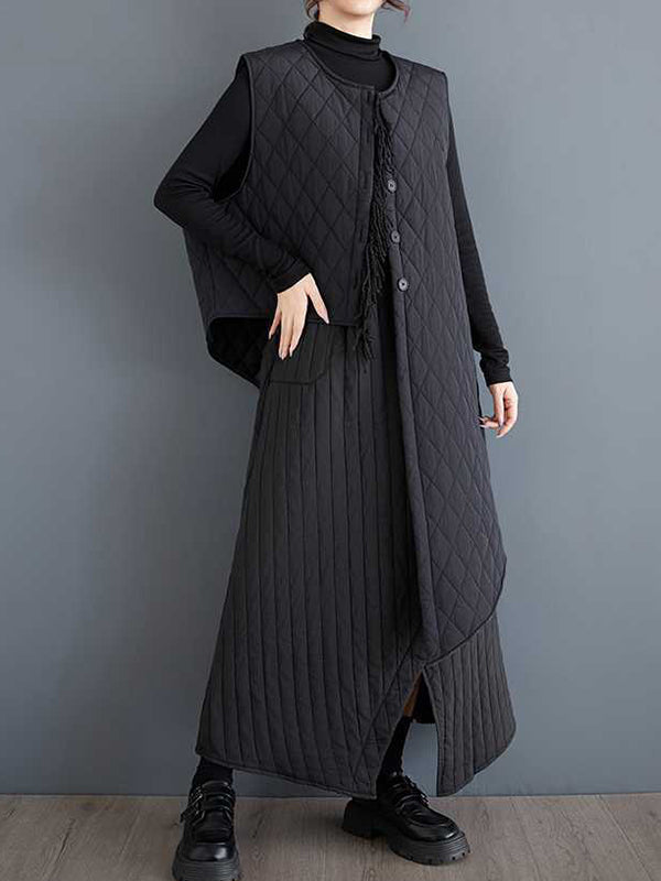 Loose Sleeveless Asymmetric Buttoned Quilted Solid Color Round-Neck Padded Vest