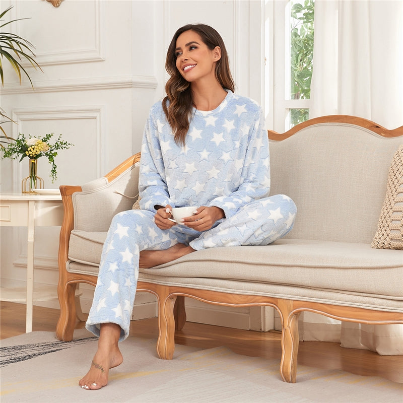 Women Fashion Star Print Round Neck Long Sleeve Home Pajamas Set